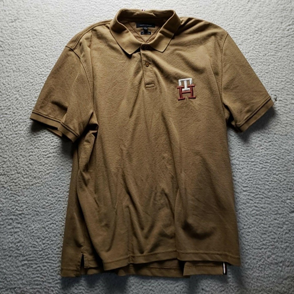 Tommy Hilfiger Polo Shirt Mens 2XL Brown Solid Short Sleeve Knit Embroidered Top